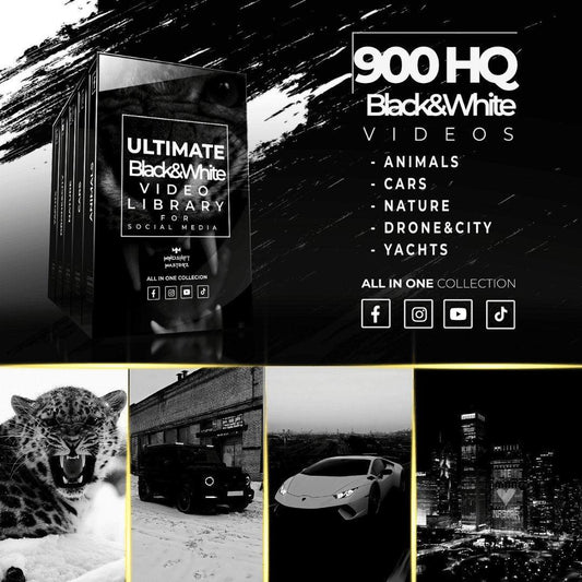 “Essential Black & White Video Collection featuring 900 high-quality, AI-enhanced videos perfect for Instagram, TikTok, and YouTube Shorts content creation.”